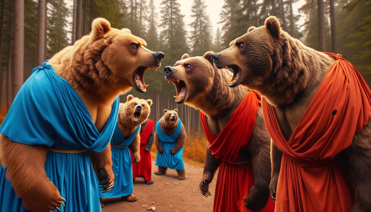 Photo of three bears in blue togas looking furious and aggressively arguing with three bears in red togas in a forest setting, their expressions intense and animated. The scene captures a broader view of the forest, showcasing the surroundings and emphasizing the tension between the two groups of bears.
