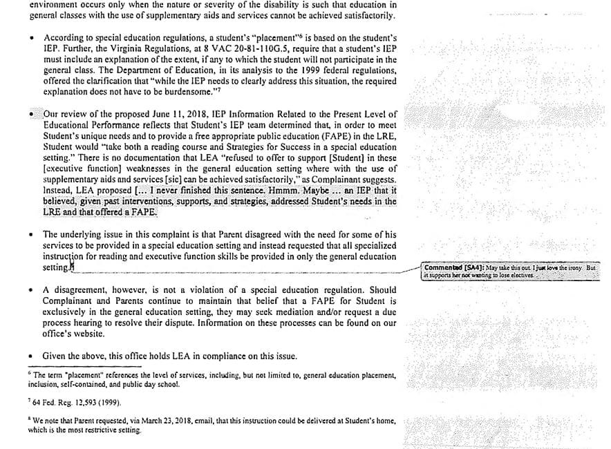 Dear VDOE: Is it Okay for Compliance Specialist to Show Bias Against Parent and Editorialize Complaint Letter of Findings?