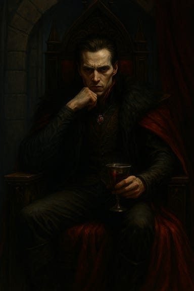 A gothic depiction of Strahd, visually based on Bill Skarsgård, brooding on his throne in Castle Ravenloft. The throne is carved from black stone, surrounded by flickering candlelight and mist. Strahd sits with a goblet of blood-red wine in one hand, his pale face shadowed, eyes gleaming with menace and melancholy. His dark cloak drapes heavily, blending into the shadows of the hall. The atmosphere is ominous, gothic, and regal.