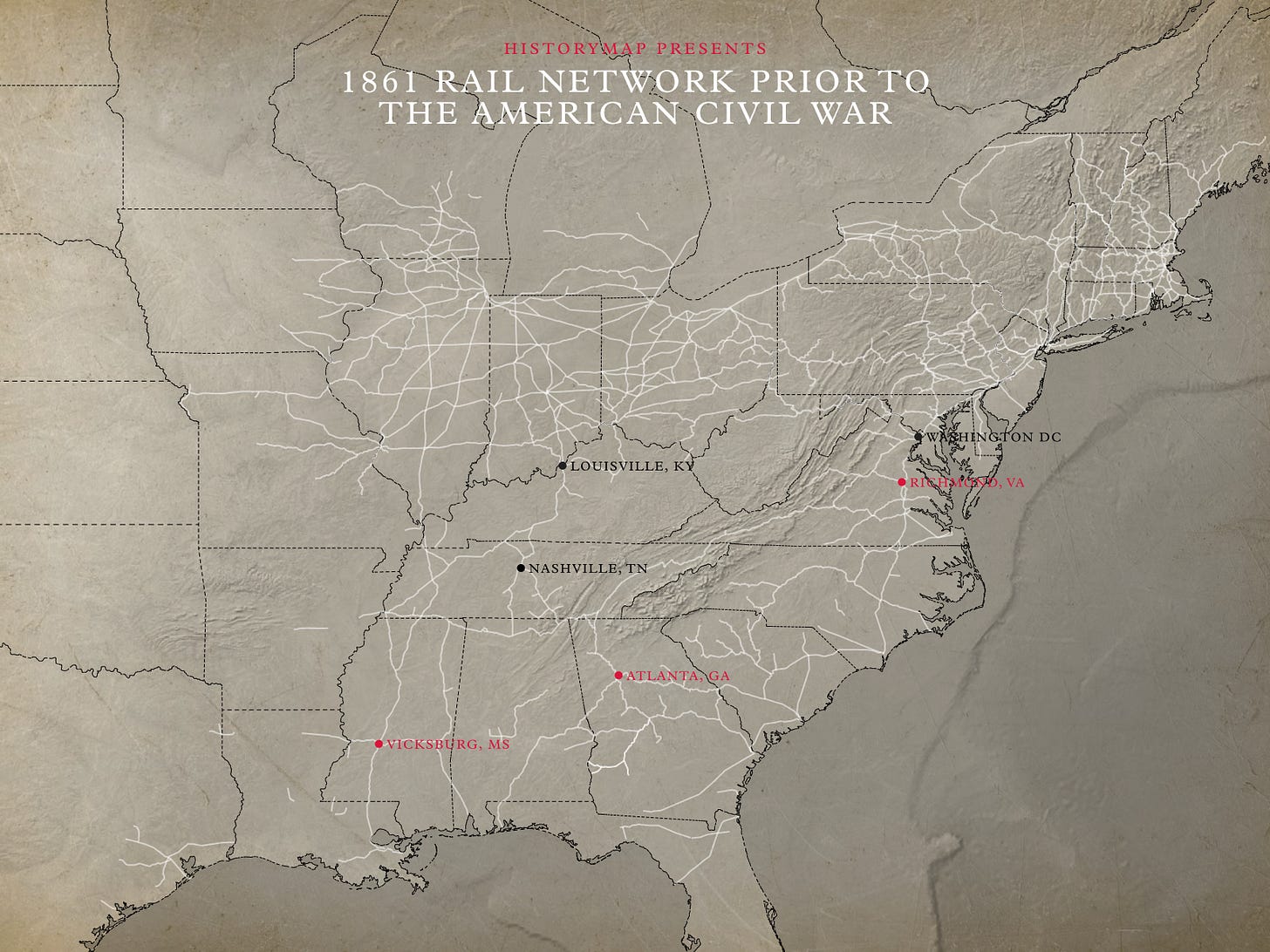 r/MapPorn - HISTORYMAP PRESENTS 1861 RAIL NETWORK PRIOR TO THE AMERICAN CIVIL WAR VICKSBURG, MS WASHINGTON DC LOUISVILLE, KY ICHMO, VA NASHVILLE, TN ATLANTA, GA السرية r/MapPorn - HISTORYMAP PRESENTS 1861 RAIL NETWORK PRIOR TO THE AMERICAN CIVIL WAR VICKSBURG, MS WASHINGTON DC LOUISVILLE, KY ICHMO, VA NASHVILLE, TN ATLANTA, GA السرية
