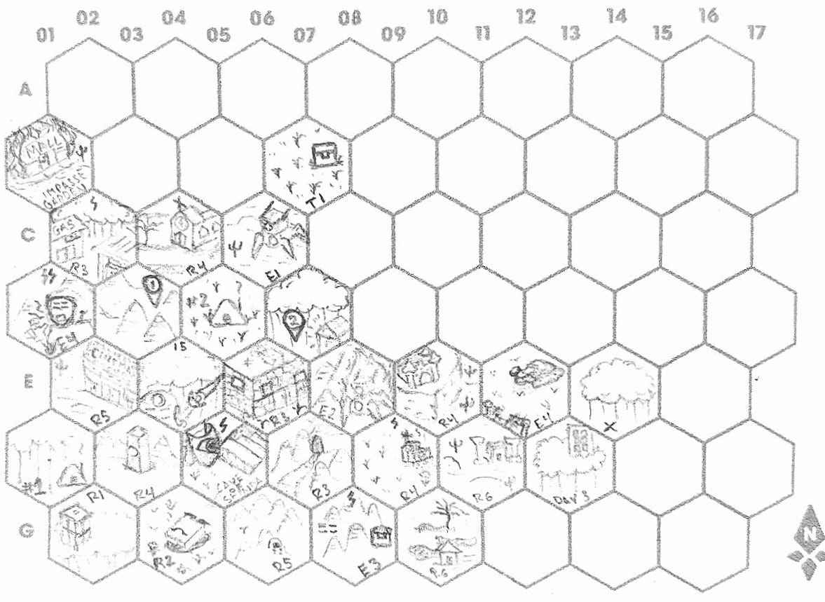 A phone scan of Risible Tome's MIRU Hex Map