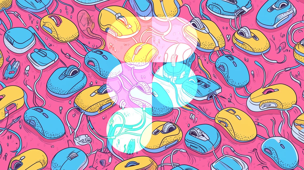 Illustrated background of colorful wired computer mice on a pink surface with a large semi-transparent Figma logo centered in the middle. Illustrated background of colorful wired computer mice on a pink surface with a large semi-transparent Figma logo centered in the middle.