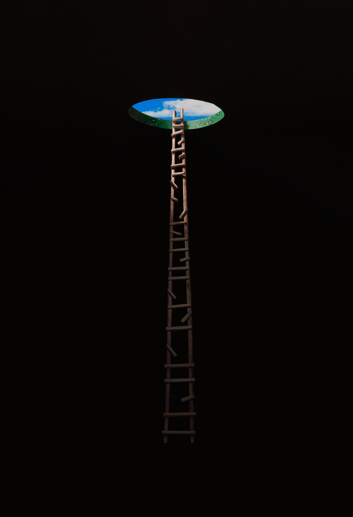 A ladder with broken rungs extending toward a hole that opens to the sky. 