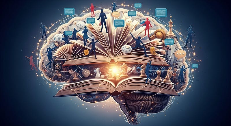 A stylised brain features interconnected neural pathways. It is partially formed by open books. Swirling narrative elements like character silhouettes, dialogue bubbles, and strategic chess pieces also contribute to its design. The overall impression is creative, thoughtful, and analytical, with a subtle glow of insight.