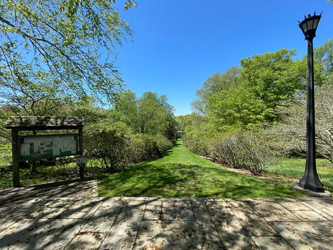 Photographs of an arboretum, featuring trees of different colors, a pond, a dirt footpath and a gazebo shrouded in plants