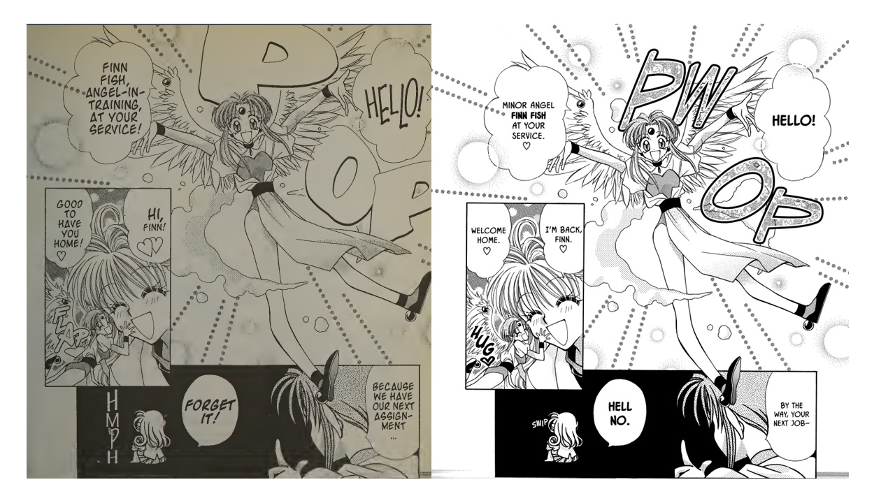Page from "Kamikaze Kaito Jeanne." The CMX translation is on the left, the Viz on the right.
