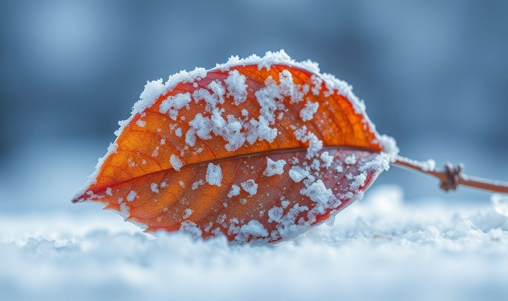 Orange leaf on ground covered in snow