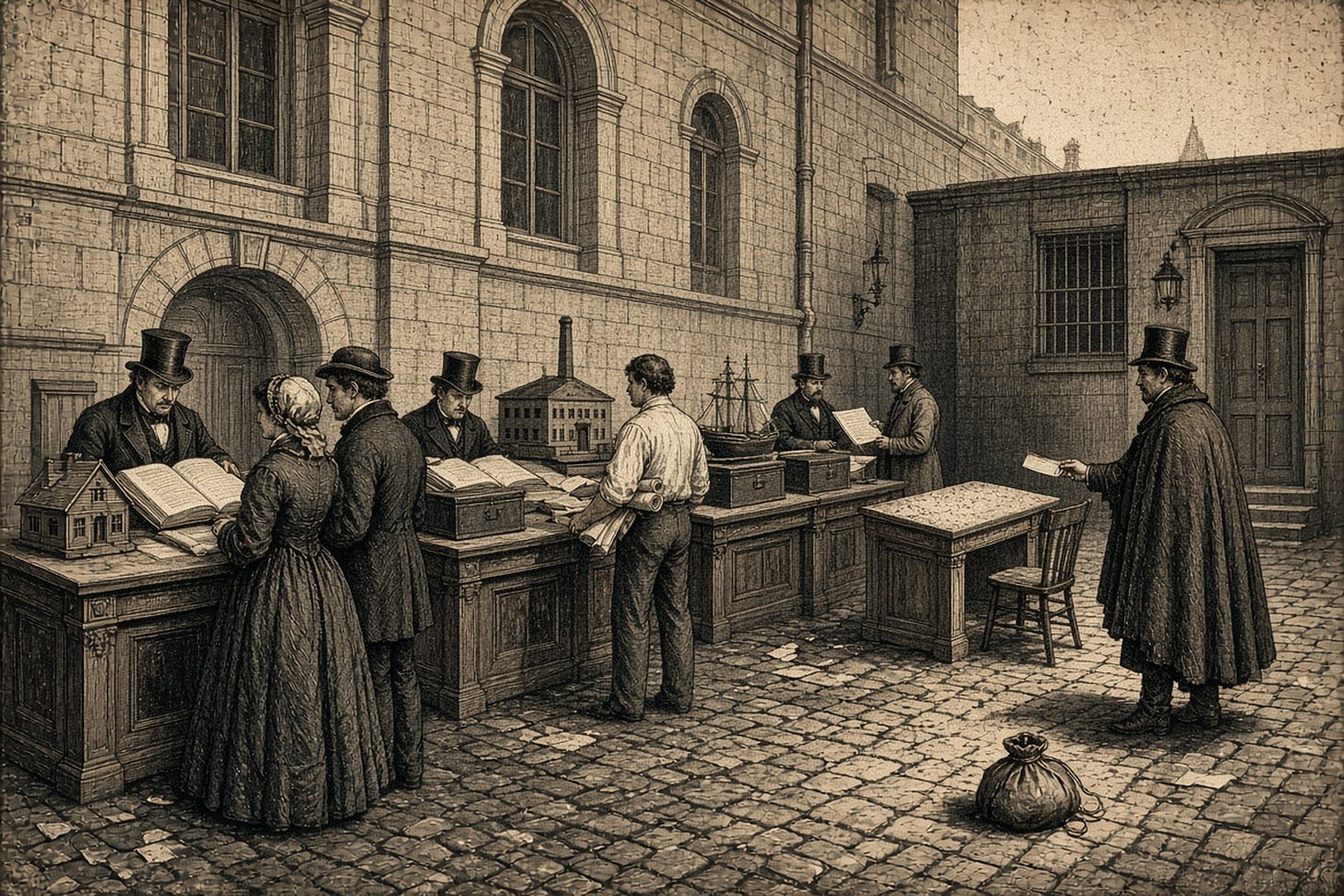 Wood-engraving editorial illustration in the Thomas Nast Harper's Weekly style for Attention Capital's essay Hollywood Copied the Wrong Half of Star Wars, showing a dawn alley beside an opera house where lenders' desks serve a homeowner, a factory builder, and a ship's merchant while the fourth desk, nearest the stage door, stands empty and dusty as a performer holds out a ticket-stub ribbon to the vacant chair. The image argues Section IX: every other form of ownership has a financing layer under it, and the desk that would finance a performer's participation has not been built. Keywords: talent participation financing, attention credit, backend finance, media finance, capital gap. Wood-engraving editorial illustration in the Thomas Nast Harper's Weekly style for Attention Capital's essay Hollywood Copied the Wrong Half of Star Wars, showing a dawn alley beside an opera house where lenders' desks serve a homeowner, a factory builder, and a ship's merchant while the fourth desk, nearest the stage door, stands empty and dusty as a performer holds out a ticket-stub ribbon to the vacant chair. The image argues Section IX: every other form of ownership has a financing layer under it, and the desk that would finance a performer's participation has not been built. Keywords: talent participation financing, attention credit, backend finance, media finance, capital gap.