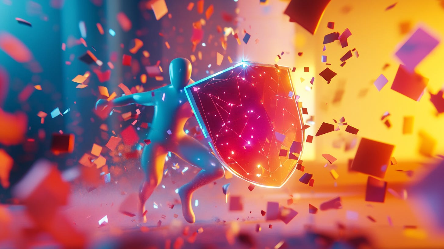 A vibrant and dynamic 3D-rendered digital artwork depicts a stylized humanoid figure in an action pose, wielding a glowing shield with a futuristic, digital network pattern. The scene is filled with floating, scattered geometric shards in shades of red, orange, and blue, creating a sense of motion and energy. The background features a dramatic contrast between cool blue tones on the left and warm golden hues on the right, emphasizing the figure's movement and the shield's protective energy.