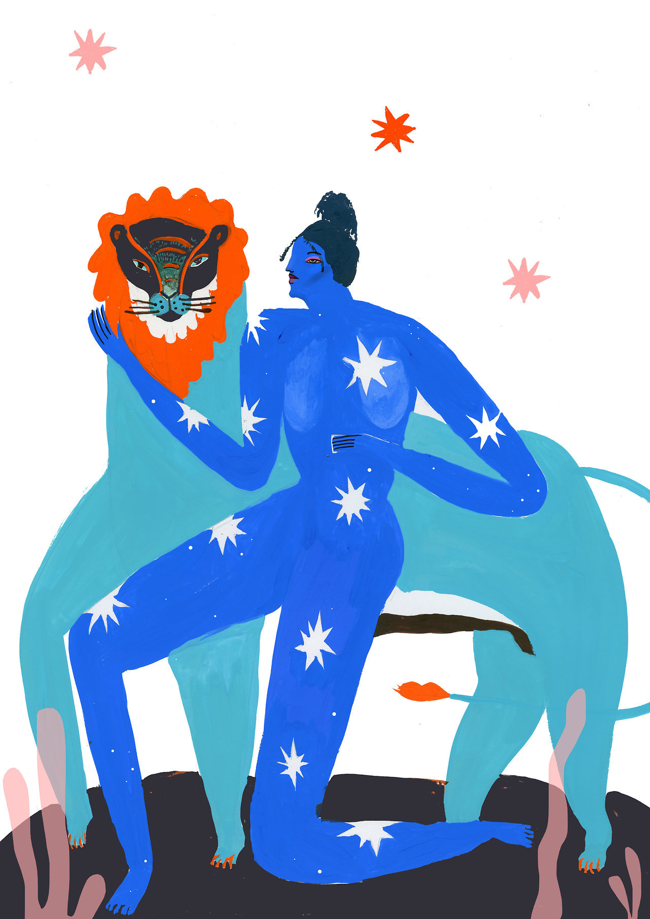 A blue, naked woman with white stars adorning her body, kneels on the ground and pats a blue lion with an orange mane. A blue, naked woman with white stars adorning her body, kneels on the ground and pats a blue lion with an orange mane.
