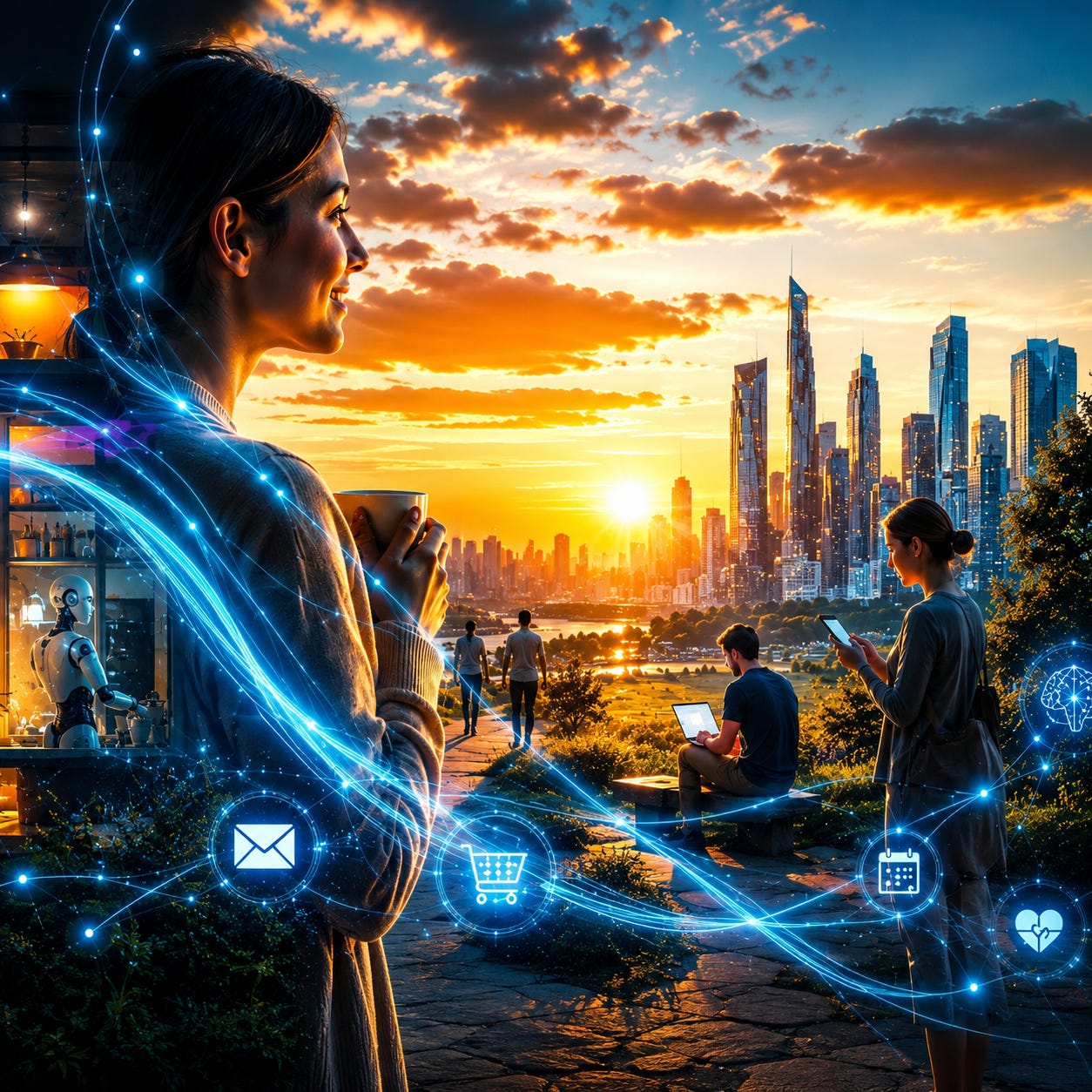 A hopeful vision of AI integrated into everyday life, showing connected people, digital services, and a modern city at sunrise, illustrating artificial intelligence evolving from a tool into an invisible operating system that supports daily activities.