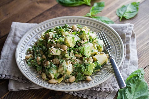 White bean avocado and herb salad, melon ricotta salad, green zucchini farro, strawberry bruschetta, tempeh reubens, cherry almond cake