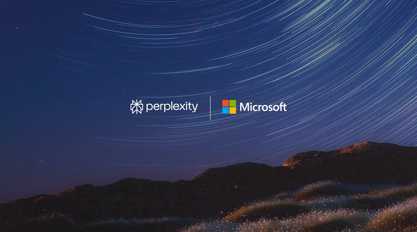 An image of two hands typing on a keyboard with a blue night sky in the background and the Perplexity and Microsoft logos. 