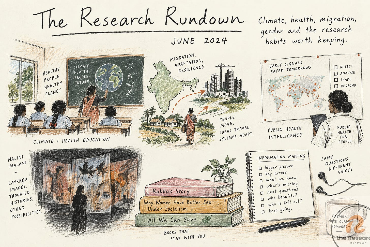 Hand-drawn Research Rundown illustration for June 2024, combining climate and health education, migration and adaptation, public-health intelligence, information mapping, South Asia research, books and visual culture.
