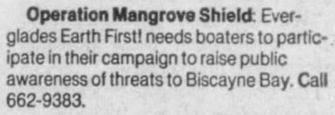 archival clippings and images portraying boat protests and calls to action by earth first against the development of biscayne bay in soldier key