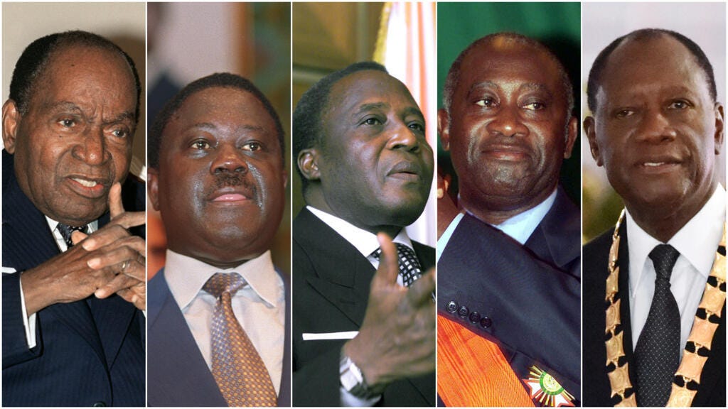 Côte d'Ivoire's presidents in chronologival order: Félix Houphouët-Boigny, Henri Konan Bédié, Robert Gueï, Laurent Gbagbo and Alassane Ouattara.