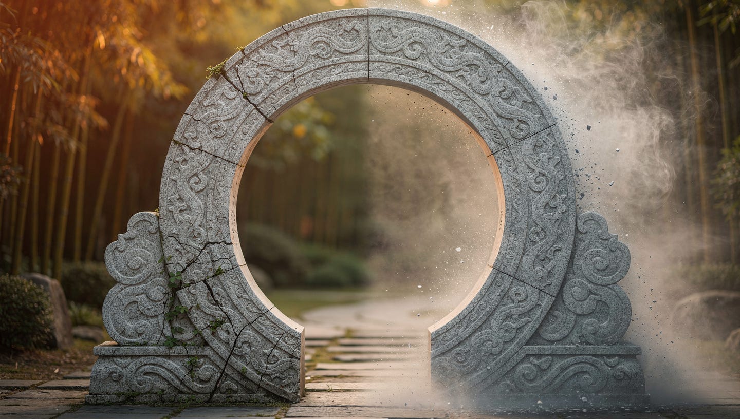A conceptual realistic photograph of a traditional Chinese moon gate made of carved stone, shot head-on in close-up. The left half of the gate is solid, sharply detailed granite with fine moss and warm low golden-hour light. The right half of the same gate dissolves into fog and suspended smoke particles, revealing a blurred void behind it. Symmetrical composition, a softly blurred Chinese garden with bamboo in the background, no people, no text, no logos. Photorealistic, not illustrated, warm cinematic lighting, high stone detail, contemplative and slightly unsettling atmosphere. Horizontal 16:9 format. A conceptual realistic photograph of a traditional Chinese moon gate made of carved stone, shot head-on in close-up. The left half of the gate is solid, sharply detailed granite with fine moss and warm low golden-hour light. The right half of the same gate dissolves into fog and suspended smoke particles, revealing a blurred void behind it. Symmetrical composition, a softly blurred Chinese garden with bamboo in the background, no people, no text, no logos. Photorealistic, not illustrated, warm cinematic lighting, high stone detail, contemplative and slightly unsettling atmosphere. Horizontal 16:9 format.
