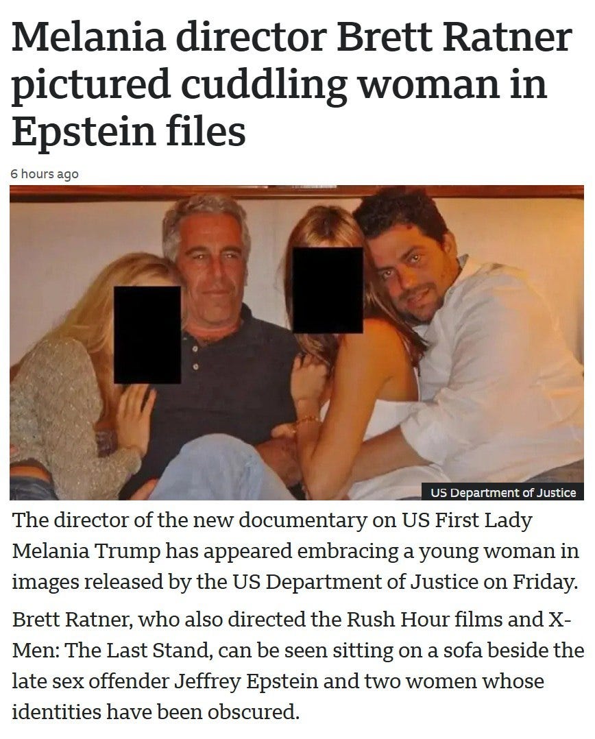 Brett Ratner is sitting on a sofa with Jeffrey Epstein and two women whose identities are kept secret.