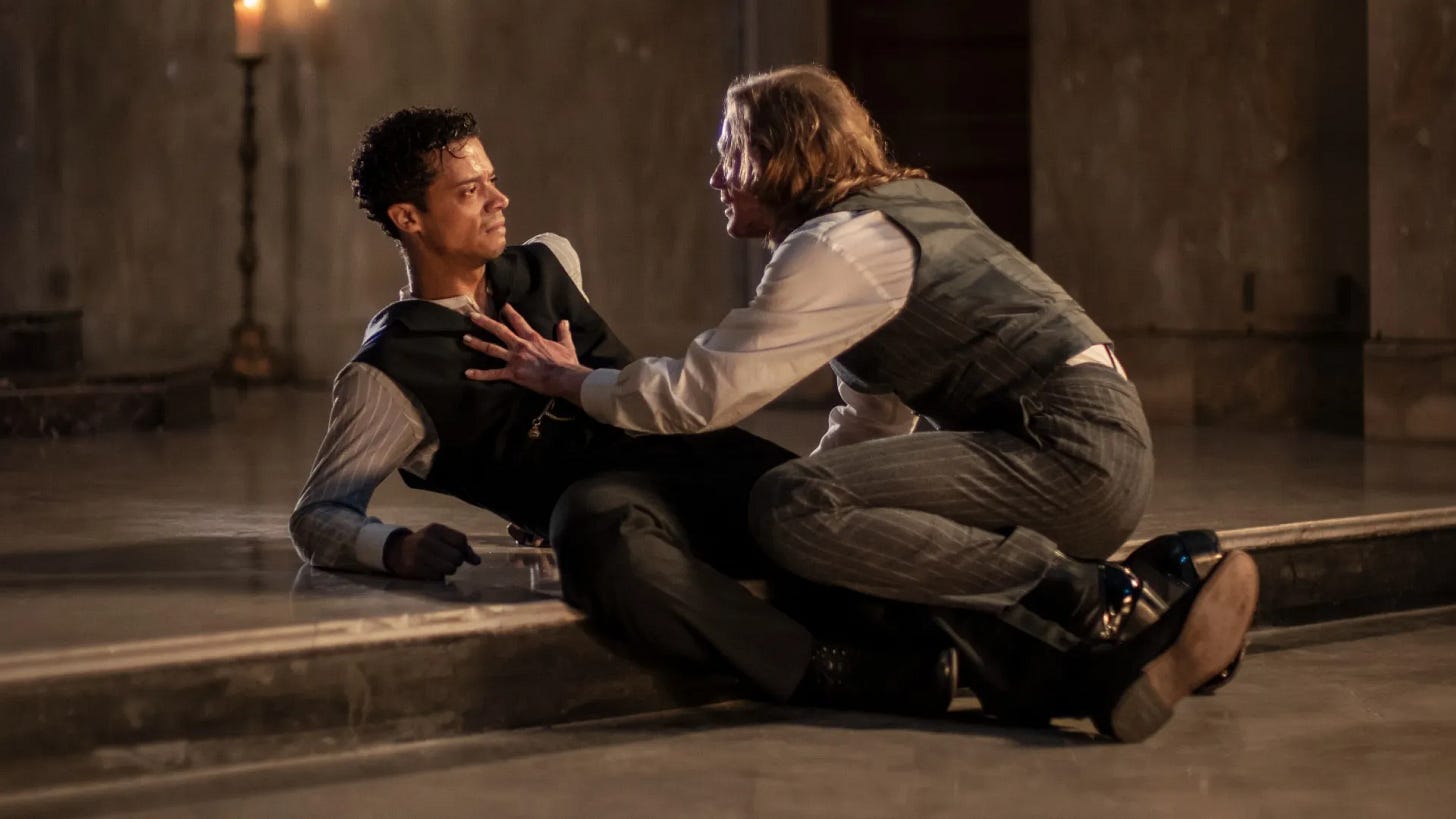 Louis and Lestat inside the church on their wedding day in Episode 1 of Interview With the Vampire Louis and Lestat inside the church on their wedding day in Episode 1 of Interview With the Vampire