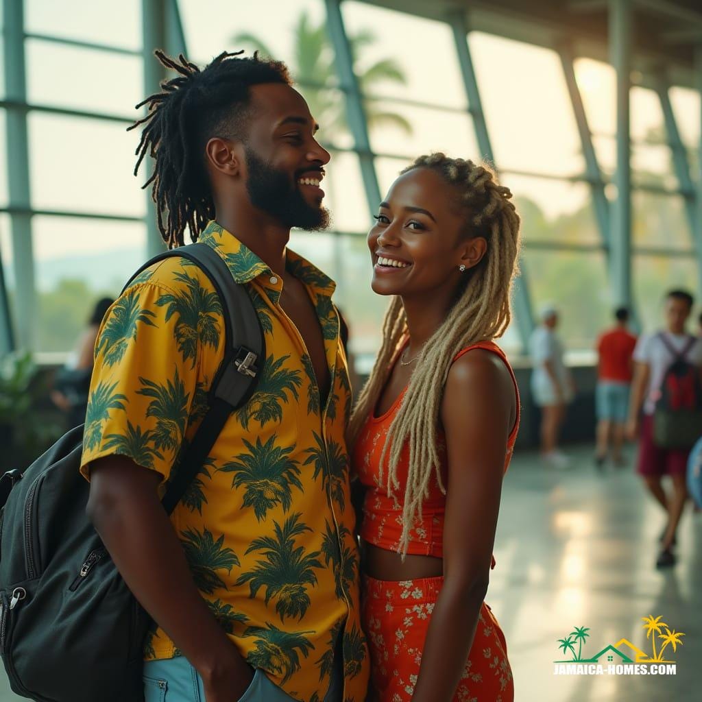 Couple arriving in Jamaica, capturing the joy and emotion of coming home.