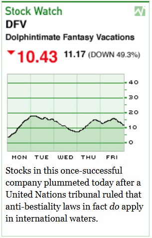 [Image shows a satirical stock chart interface displaying "DFV Dolphintimate Fantasy Vacations" with a weekly price line graph showing fluctuations between approximately 0-40 range, current price of 10.43 with a loss of 11.17 (DOWN 49.3%), and explanatory text below the chart]  Stock Watch; DFV; Dolphintimate Fantasy Vacations; 10.43; 11.17 (DOWN 49.3%); Stocks in this once-successful company plummeted today after a United Nations tribunal ruled that anti-bestiality laws in fact do apply in international waters.