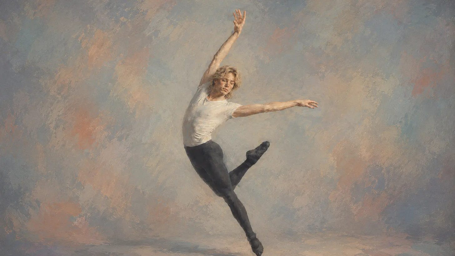 Matteo leaps in a graceful ballet pose against a muted, textured blue and peach background. Matteo leaps in a graceful ballet pose against a muted, textured blue and peach background.