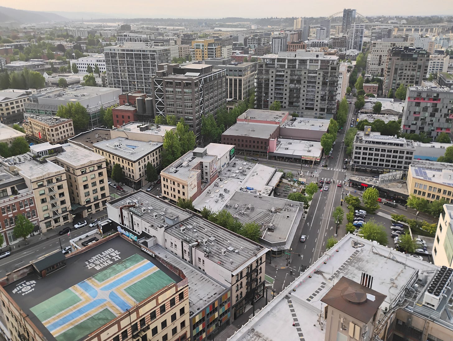 View of Portland streetscape from above on a hazy evening View of Portland streetscape from above on a hazy evening