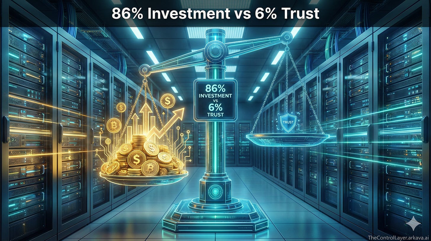 An imbalanced digital scale showing heavy investment symbols vastly outweighing a small trust indicator.