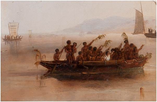 Figure 3. J. W. Carmichael, The Rescue of William D’Oyly, by the Isabella, from Murray Island, Torres Strait, 1836, 1839. Image detail. Silentworld Foundation. Photo: Silentworld Foundation. Figure 3. J. W. Carmichael, The Rescue of William D’Oyly, by the Isabella, from Murray Island, Torres Strait, 1836, 1839. Image detail. Silentworld Foundation. Photo: Silentworld Foundation.