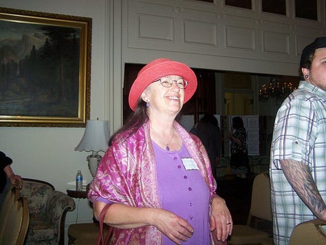 Sharon in 2008 at a Writer's Conference, Sharon with her grandsons, their mom and me at a parking lot singing This Land Is Your Land; Sharon and me when she gave me my t-shirt a few years ago.