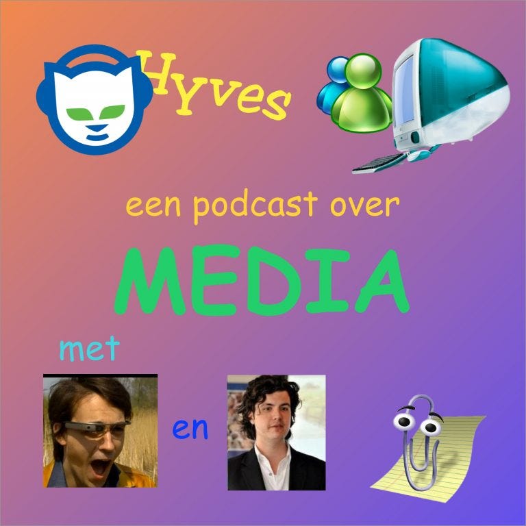 het artwork van een podcast over media in comic sans met het logo van napster, msn, een oude imac, clippy van word, alexander met een google class op en een jonge Ernst Jan Pfauth