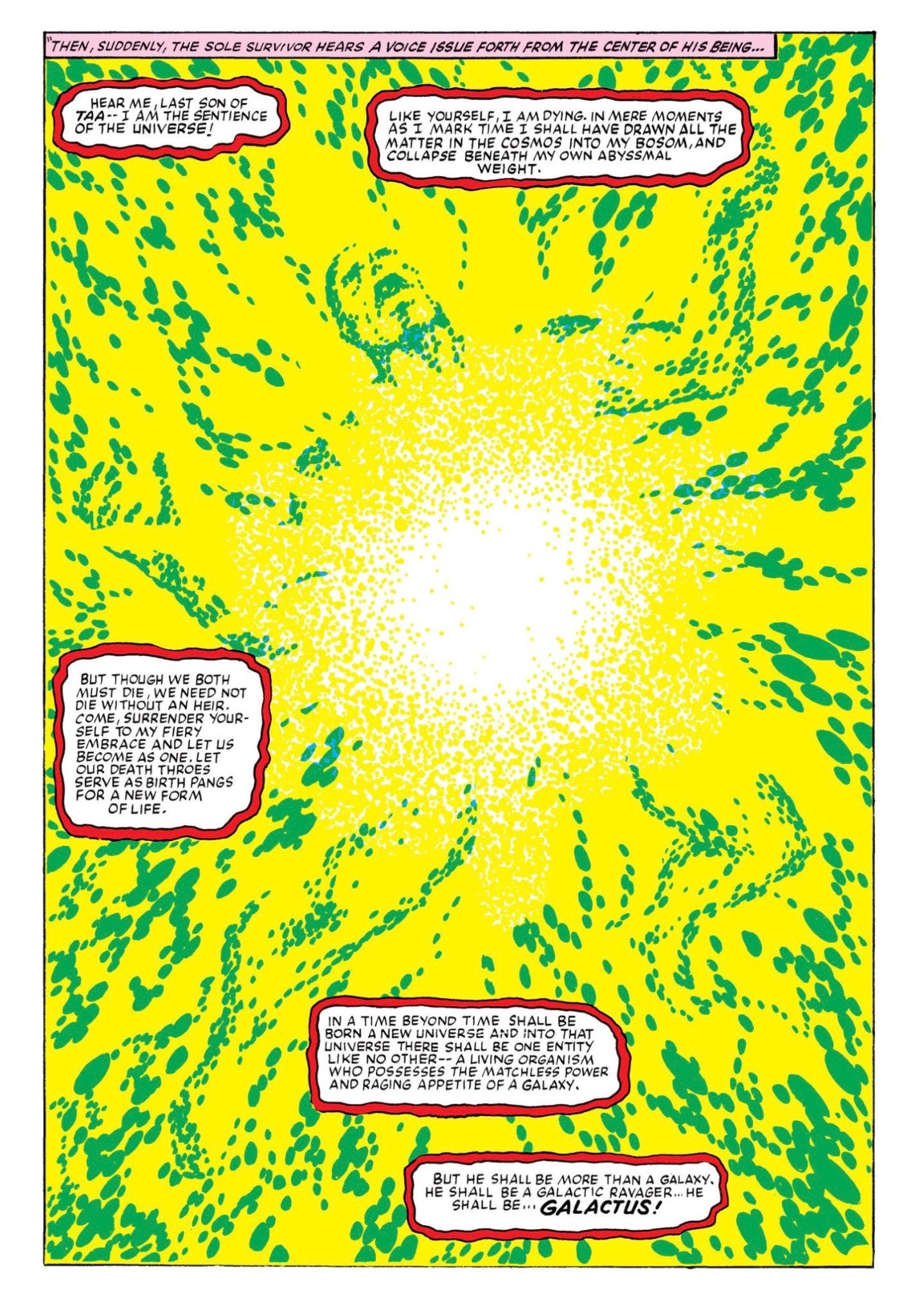 Comic panel depicting Galen of Taa merging with the Sentience of the Universe inside a brilliant cosmic energy field, foreshadowing his rebirth as Galactus in the next universe.