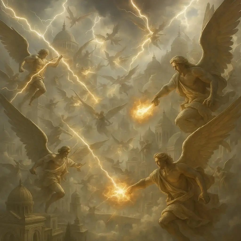 legions of angels throwing lightning and fire at each other as they war in the cities of heaven. realistic. heavenly. in heaven. each strike creates sonic booms.