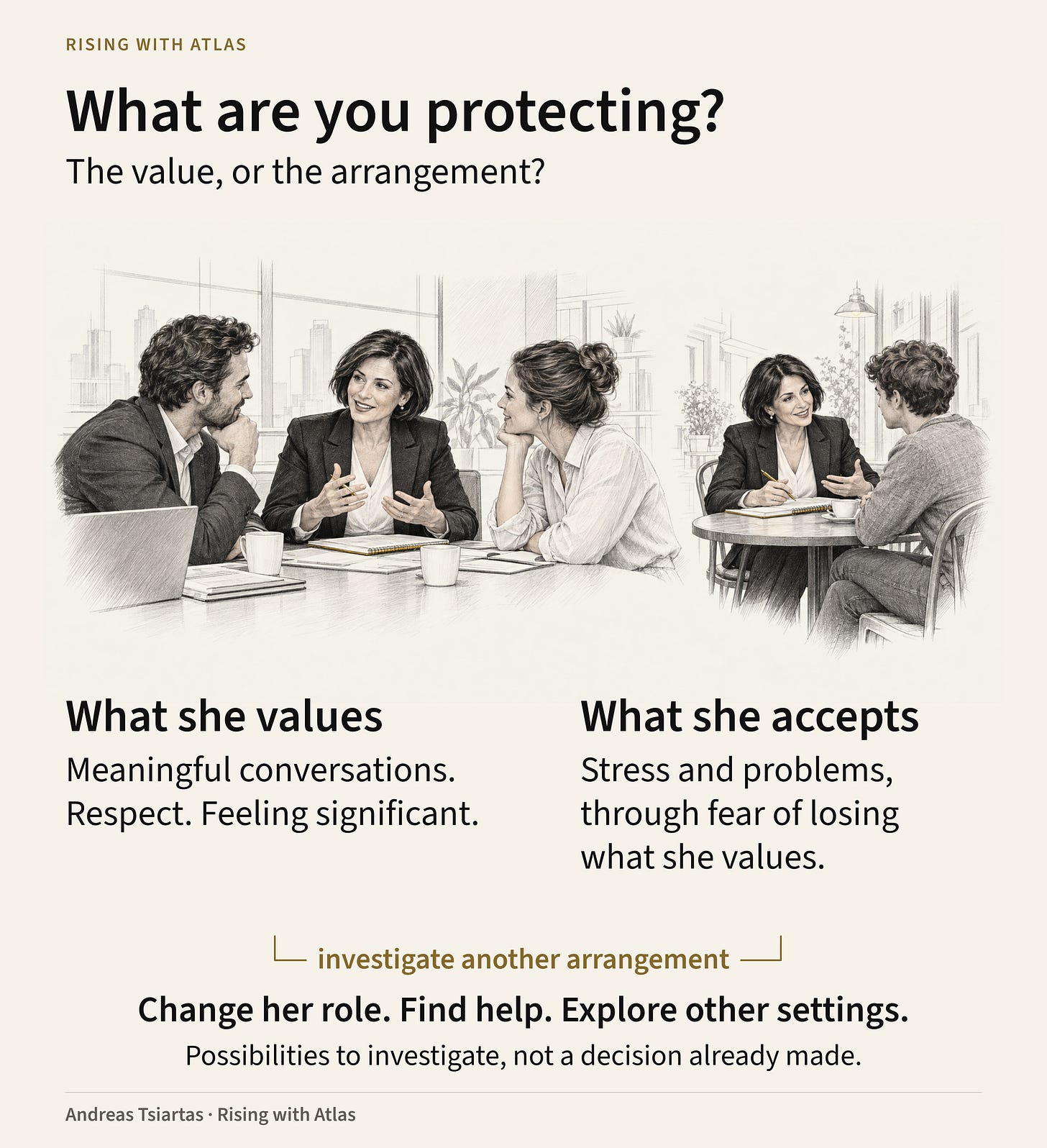 A businesswoman speaks with people in two settings, distinguishing the conversation, respect and significance she values from the stresses she accepts.