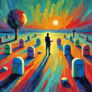 A colorful painting depicting a person standing in a graveyard with gravestones labeled 'REGRET' and 'MISTAKE,' under a vibrant sunset.