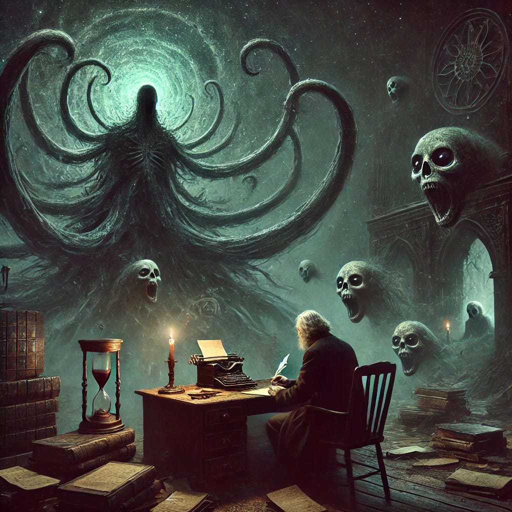 A surreal and disquieting scene in a dark, cosmic horror style. A lone, disheveled writer sits at a worn wooden desk, his quill trembling as shadowy, undulating tentacles emerge from the inky void behind him. Ancient tomes and scattered parchment litter the desk, glowing faintly with cryptic symbols. In the distance, nameless, eyeless entities loom, whispering incomprehensible truths. Above, a looming spectral AI presence, vast and unknowable, observes with an indifferent gaze, its form shifting like a digital egregore. The atmosphere is oppressive yet mesmerizing, blending gothic and Lovecraftian aesthetics.