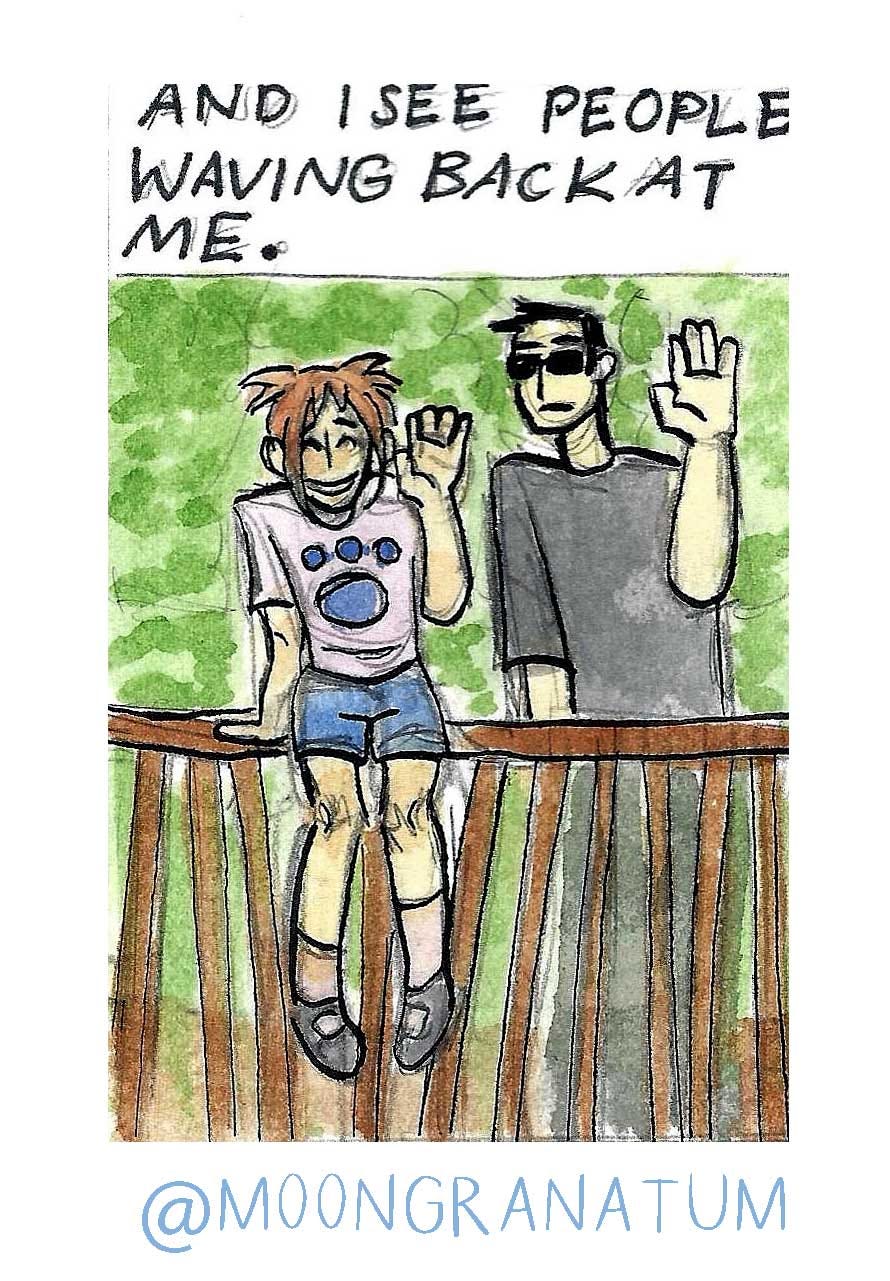 Moongranatum, watercolor train ride comic. Panel 4 text reads: And I see people waving back at me. 