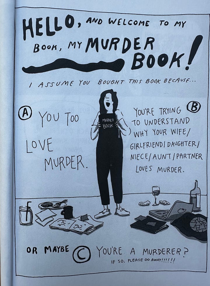 Cover of Murder book with red glasses and illustrated page from book