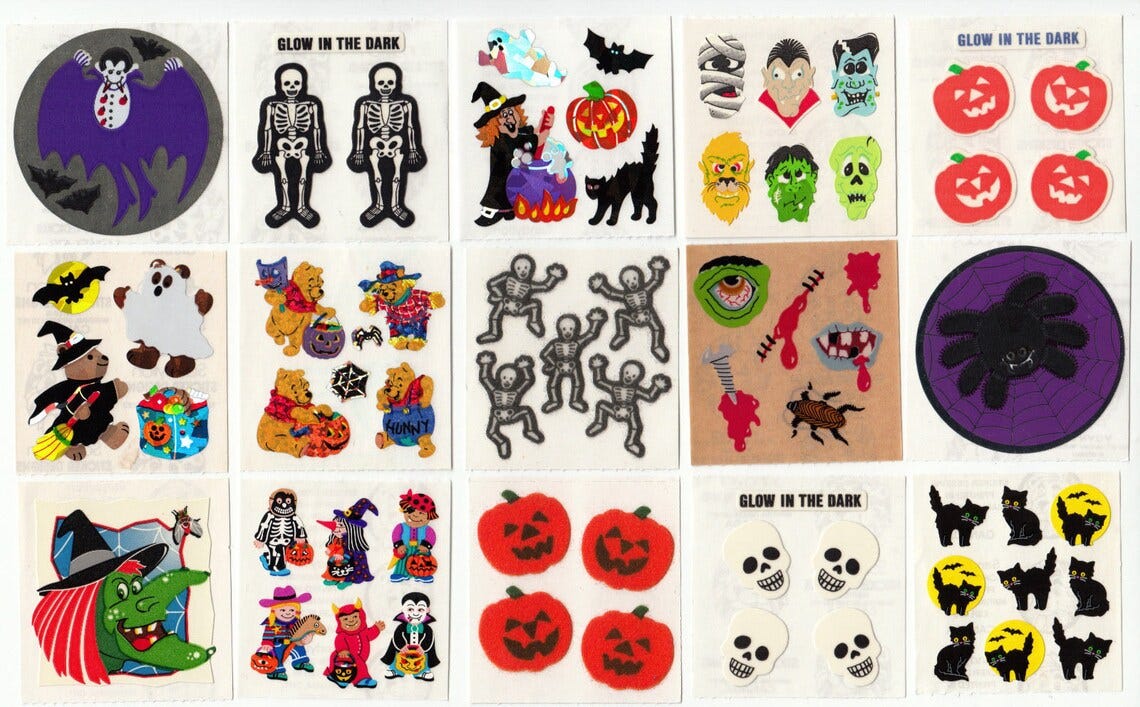 Sandylion Halloween Vintage Stickers - You Choose - Fuzzy Skeleton Monster Vampire Glow in Dark Pumpkin Cat Witch Bat Foil Skull Bones image 1