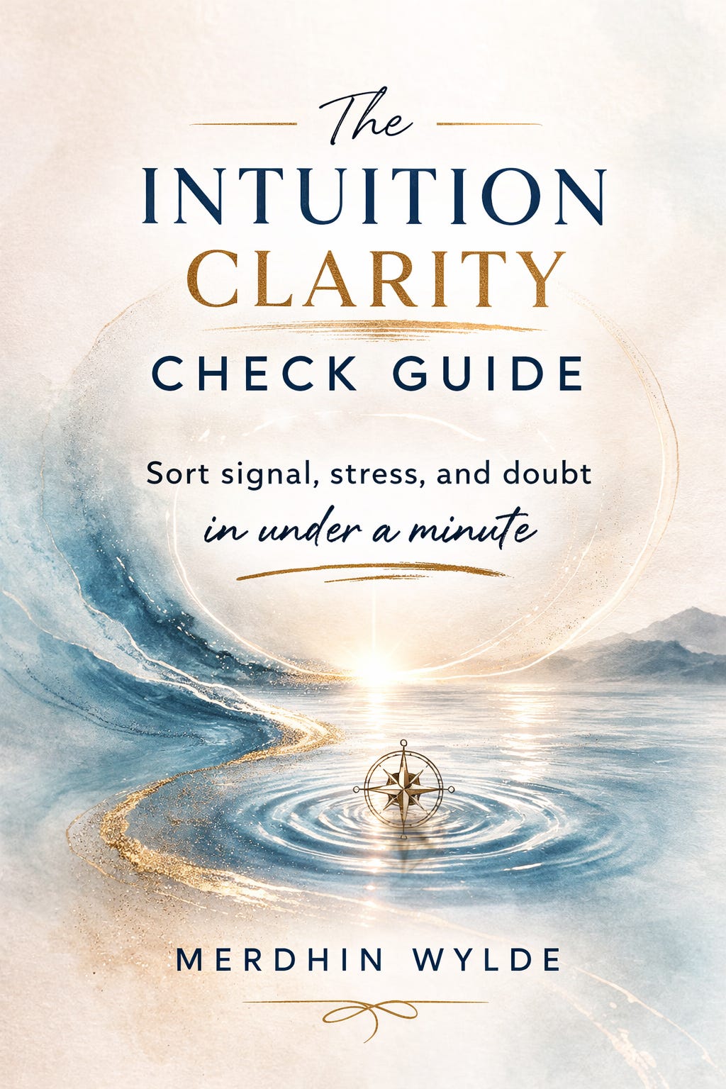 Cover image for “The Intuition Clarity Check Guide.” A misty ocean at sunrise with warm light on the horizon and a glowing ribbon of light spiraling up from ripples in the water. Near the center of the ripples is a small compass, suggesting guidance and direction. The title appears in large lettering with the subtitle “Sort signal, stress, and doubt in under a minute,” and the author credit reads “by Merdhin Wylde.” Cover image for “The Intuition Clarity Check Guide.” A misty ocean at sunrise with warm light on the horizon and a glowing ribbon of light spiraling up from ripples in the water. Near the center of the ripples is a small compass, suggesting guidance and direction. The title appears in large lettering with the subtitle “Sort signal, stress, and doubt in under a minute,” and the author credit reads “by Merdhin Wylde.”