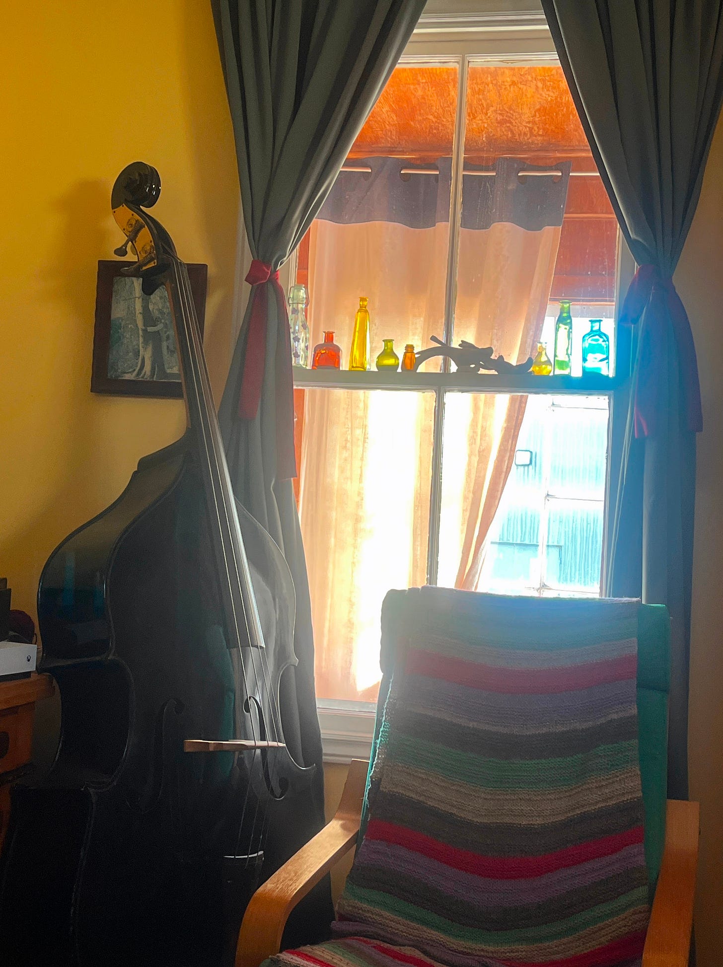 An upright bass propped up in the corner of my living room