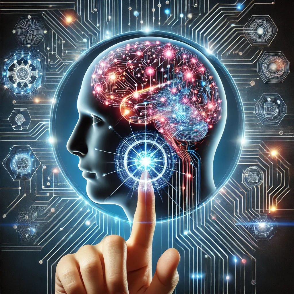 A human brain connected to a futuristic neural interface with glowing, intricate connections, representing the integration of cutting-edge technology and human cognition through neural interfaces. A human brain connected to a futuristic neural interface with glowing, intricate connections, representing the integration of cutting-edge technology and human cognition through neural interfaces.
