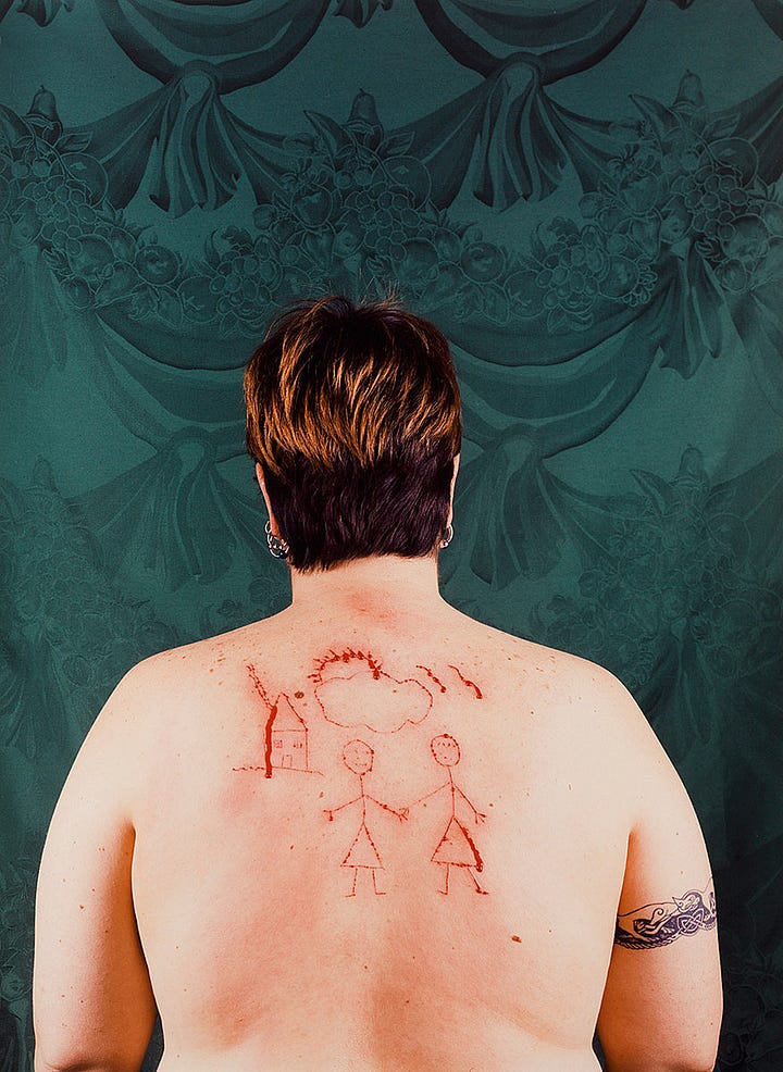Catherine Opie portraits, one with a cutting of a family and one with her breastfeeding her child.