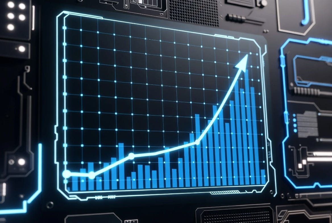 A photograph of a technological growth graph on a digital screen, showing an upward trend in a futuristic style. A photograph of a technological growth graph on a digital screen, showing an upward trend in a futuristic style.