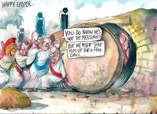 May be a doodle of text that says 'HAPPY EASTER.. You Do KNOW HE'S NOT THE MESSIAH? BUT WE MIGHT SHur HIM ม FORAFEW FOR A FEW DAY DAYS....'