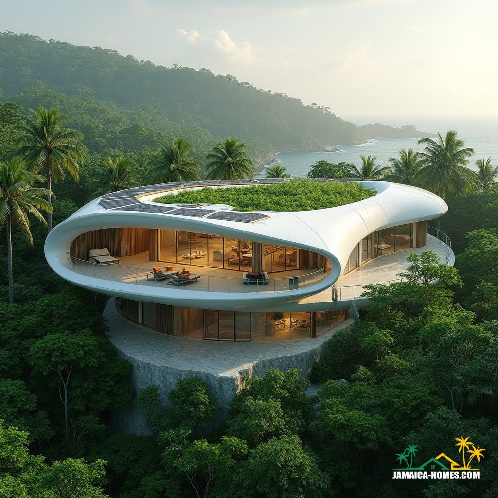 Futuristic Jamaican eco-villa nestled in a lush tropical landscape, AI-driven sustainable design, organic shape