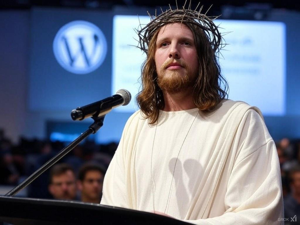 Grok generated image of Matt Mullenweg speaking at a WordPress conference dressed like Jesus with a crown of thorns