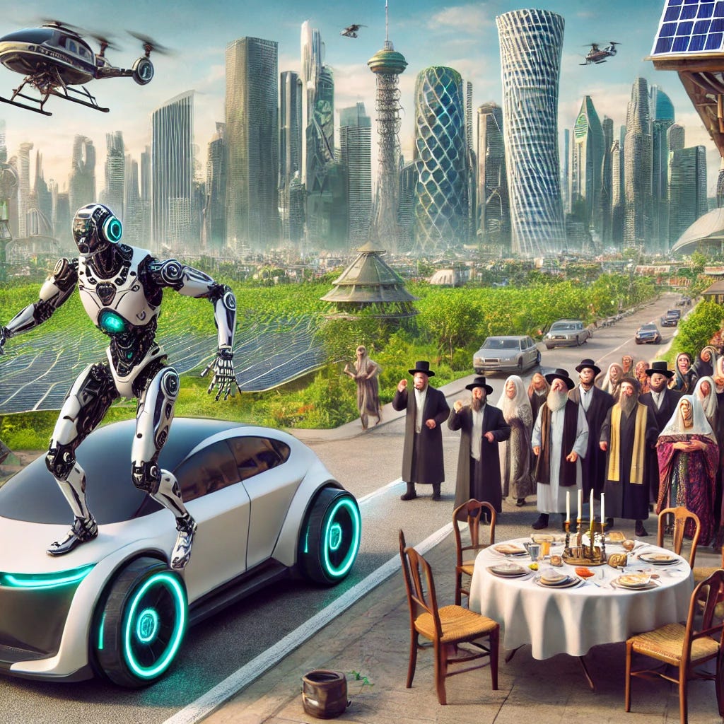 A futuristic robotic entity representing a large language model (LLM) rushing to turn off the alarm of its flying car on Shabbat in a sprawling solarpunk megacity. The city is filled with lush greenery, advanced solar panels, and towering eco-friendly skyscrapers. Many people, dressed in a mix of traditional and futuristic attire, look disturbed by the loud noise, expressing frustration. The scene humorously contrasts the high-tech environment with the challenge of observing Shabbat in a futuristic world.