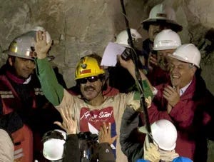 Chile mine rescue of 2010 A miner (center) rescued from the San José mine near Copiapó, Chile, celebrating with Chilean Pres. Sebastián Piñera (right), October 13, 2010. Chile mine rescue of 2010 A miner (center) rescued from the San José mine near Copiapó, Chile, celebrating with Chilean Pres. Sebastián Piñera (right), October 13, 2010.