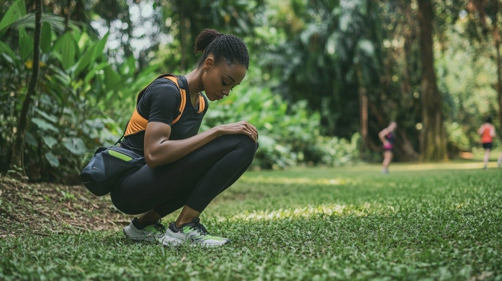 A woman squatting on a grassy area in a lush, green park, wearing athletic clothing and a small backpack.